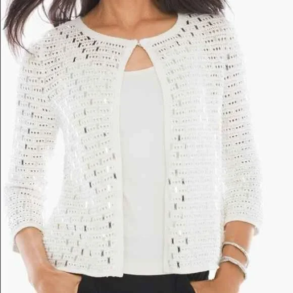 NWT Chico’s White and Silver Sequin Sammie 3/4 Sleeves Cardigan M - Picture 2 of 10